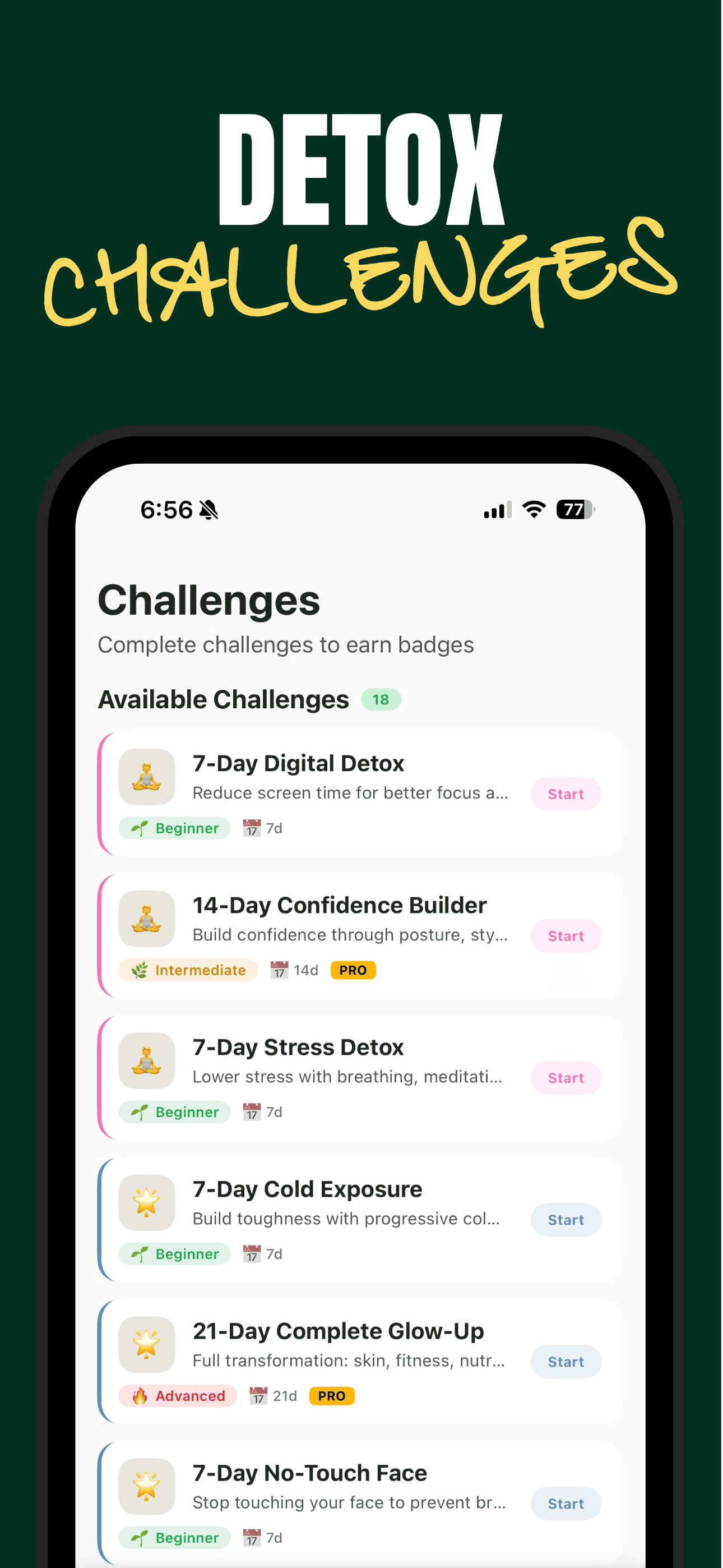 AuraFace challenges screen showing available transformation programs
